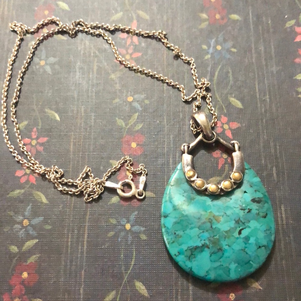 Turquoise Pendant w/Silver & Copper Accents on 18” Made in Italy Silver Chain